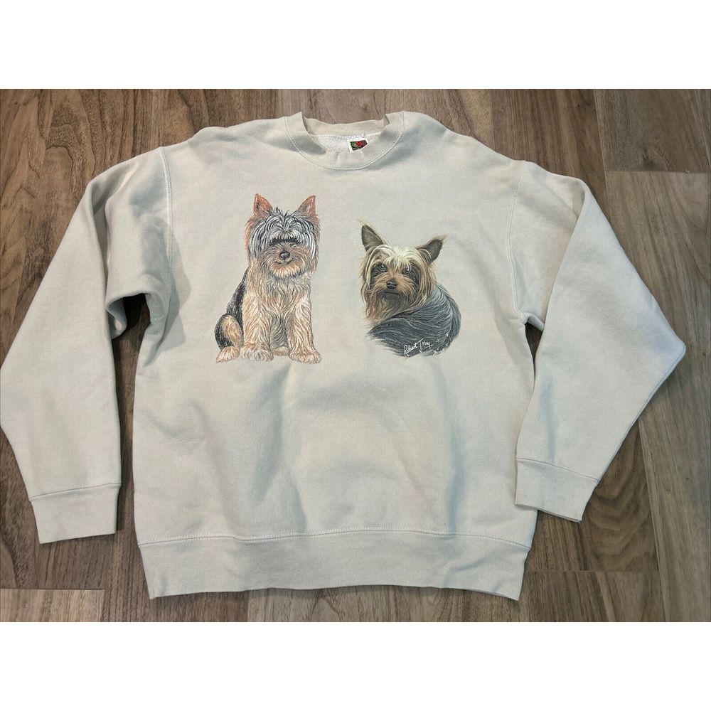 Vintage 90s Robert J May Yorkshire Terrier Portrait‎ Dog Art Sweatshirt Size XL